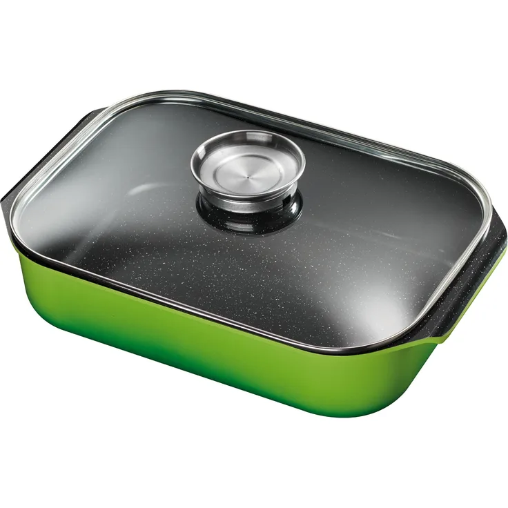 King B6830G Aluguss-Bräter mit Glasdeckel und Aromaknopf, Fusion beschichtet, 40 x 26 cm, grün