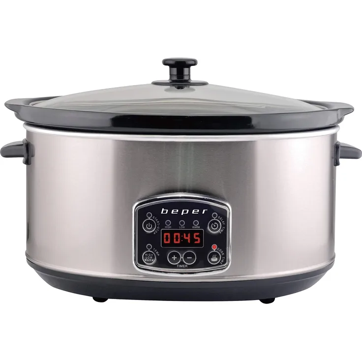 Beper BC.510 - Slow Cooker Kochtopf mit digitalem Display, Keramikbehälter, 3 Kochen, Warmhaltefunktion, Timer und Verzögerungsstart, 280 W, 4,5 Liter, Struktur, Schwarz und Stahl