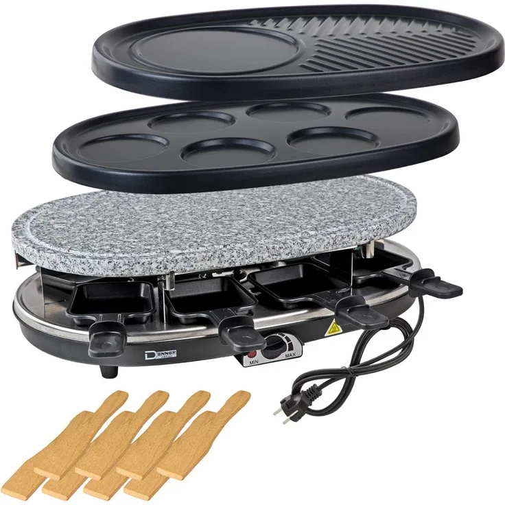 DEMA Raclette Grill Tessin 3 in 1, 1500W, für 8 Personen, Thermostat, schwarz