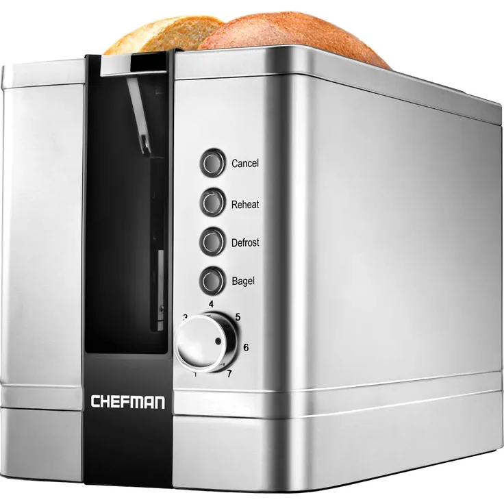 Chefman 2-Slice Pop-Up Stainless Steel Toaster w- 7 Shade Settings Extra Wide Slots for Toasting Bagels, Defrost-Reheat-Cancel Functions, Removable Crumb Tray, 850W, 120V, Silver