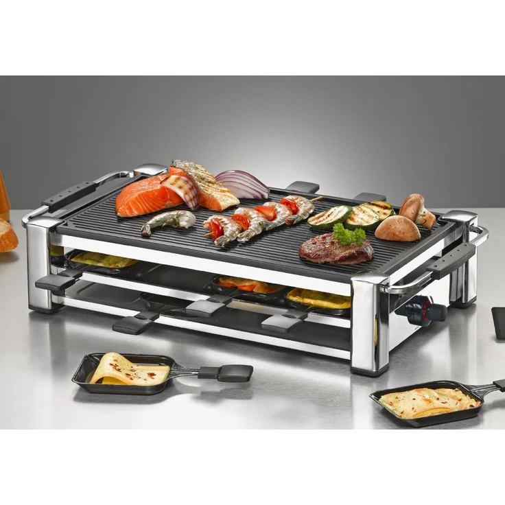Rommelsbacher RCC 1500 Raclette-Grill extra langes Kabel 2m, Tischgrill für 8 Personen, gerippte Alu-Druckguss-Grillplatte, Xylan Plus Antihaftbeschichtung, Parkdeck, 1500 W chrom – Bild 3