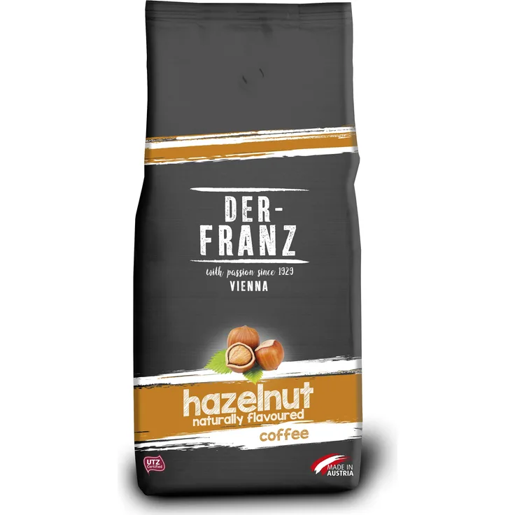 Der-Franz Kaffee, Mischung aus Arabica und Robusta, geröstet, ganze Bohne aromatisiert mit natürlicher Haselnuss UTZ, 1000 g