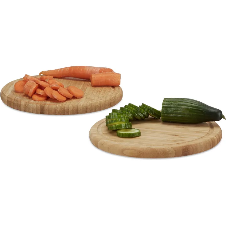 Relaxdays Frühstücksbrettchen 2er Set, Bambus, rund, 25 cm, Küchenbrett, pflegeleicht, natürlich, messerschonend, natur