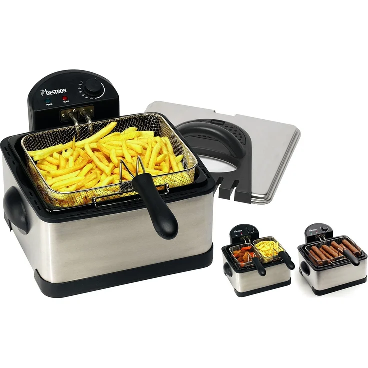 Bestron Family Fritteuse Cool Zone, 3 Frittierkörbe, 4 Liter, Für 1,5 kg oder 2x750 g Frittiergut, Sichtfenster, 2000 W, Edelstahl – Bild 2