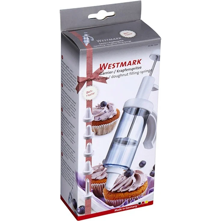 Westmark Garnier- und Krapfenspritze mit 5 verschiedenen Form-Tüllen, Füllvolumen: 180 ml, Einhand-Bedienung, Kunststoff-Rostfreier Edelstahl, Transparent-Weiß, 31162260 – Bild 4
