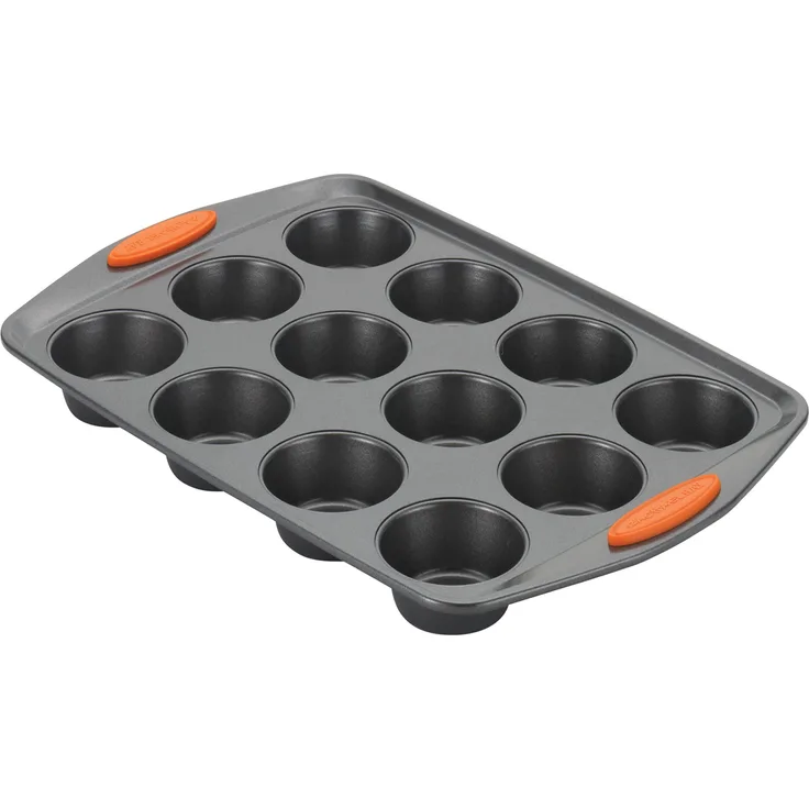Rachael Ray Yum-o! Backform für 12 Muffins und Cupcakes, Antihaftbeschichtung, Grau mit orangefarbenen Griffen