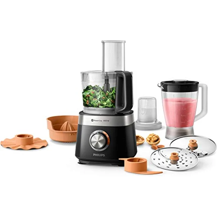 Philips HR7530-10 Küchenmaschine Viva Collection, 850 W, 31 Funktionen, 2L Füllkapazität, 2-in-1 Schneidescheibe, Zitruspressenaufsatz, Standmixeraufsatz, schwarz – Bild 1