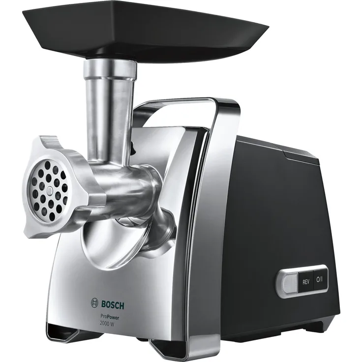 Bosch MFW67440 ProPower Fleischwolf, elektrisch, 700W, inkl. Kebbeaufsatz, Wurstfüller, Vorlauffunktion, Kunststoff, schwarz-silber