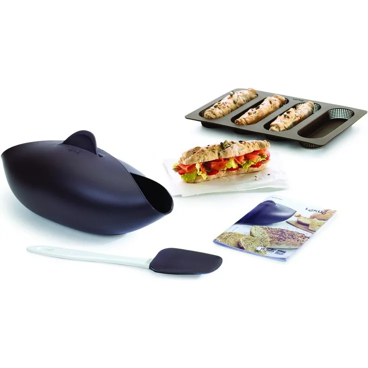 Lékué Kit Bread Essential, Brotbackschale-Baguette-Backform, Set, Silikon Braun, 600 ml