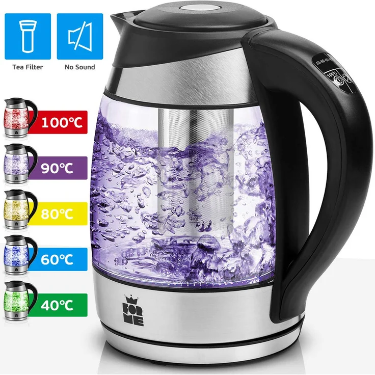 ForMe FKG-418 Glas-Wasserkocher, 2200W, 1,8 Liter, Warmhaltefunktion, LED, Temperatur einstellbar, transparent, silber, schwarz – Bild 1