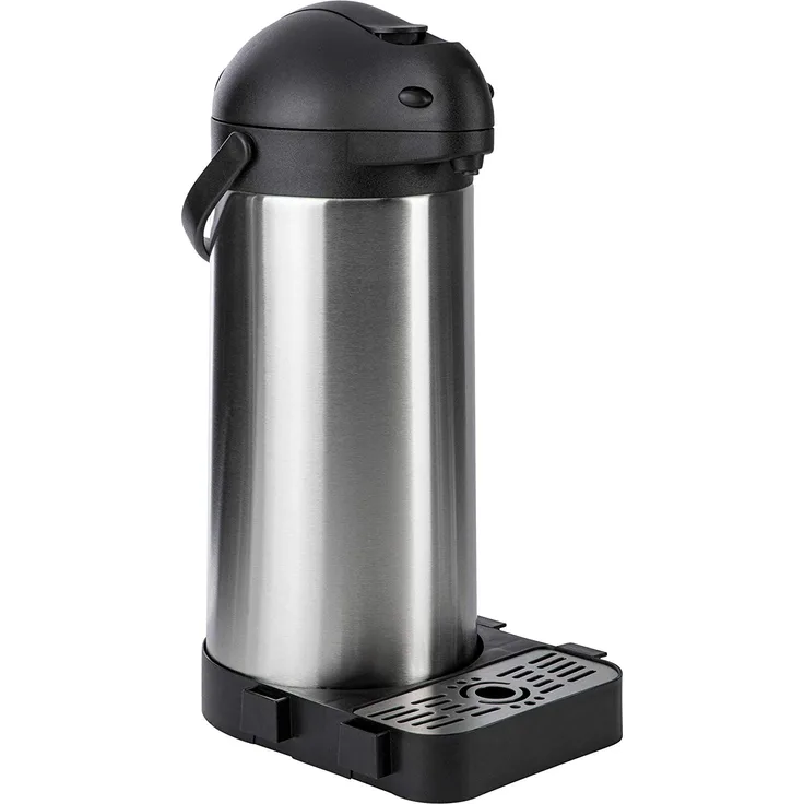 ONVAYA Airpot Pumpkanne 5 Liter + Tropfschale Isolierkanne Thermoskanne Getränkespender Edelstahl mattiert Kaffeekanne Doppelwandig Auffangschale Drip Tray