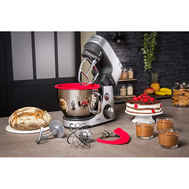 Krups KA631D Master Perfect Gourmet Küchenmaschine, 1100 Watt, 8 Geschwindigkeiten, 4,6L Edelstahlschüssel, 5 Zubehör: Back-Set, Flex-Bowl, Schnitzelwerk, Unterheber, Fleischwolf, Edelstahl gebürstet, Serie: Master Perfect Gourmet – Bild 2