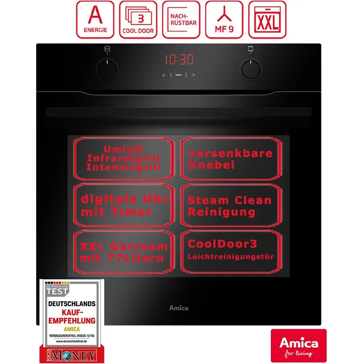 Einbaubackofen 60cm Heißluft Umluft Grill Timer Schwarz Amica EBX 943 600 S