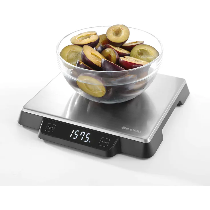 HENDI Digitale Küchenwaage, Haushaltwaage, für max 15kg, Präzision auf bis zu 1gr, mit eingebautem Digital-Display, 266x269x(H)34mm, Edelstahl