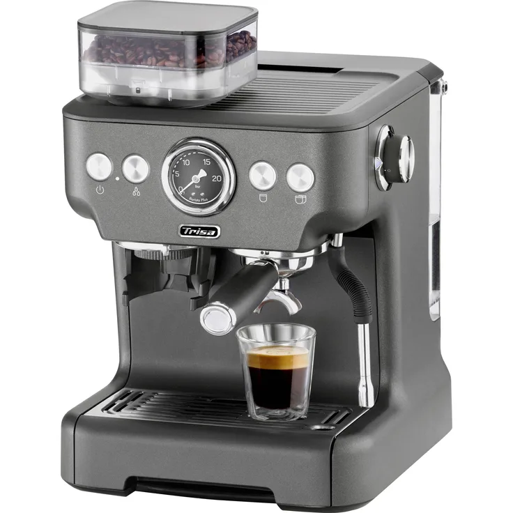 Trisa Barista Plus Siebträgermaschine Espressomaschine Anthrazit mit Mahlwerk