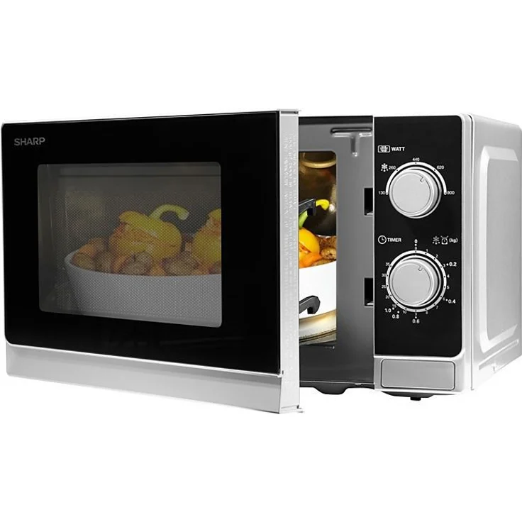 Sharp R200INW Mikrowelle, Standgerät, 20 Liter Garraum, 800 Watt, 5 Leistungsstufen, Timer von 35 Minuten bis 00 Sekunden, gewichtgesteuertes Auftauen, Energiesparmodus, Glasdrehteller 25,5 cm, silber – Bild 2