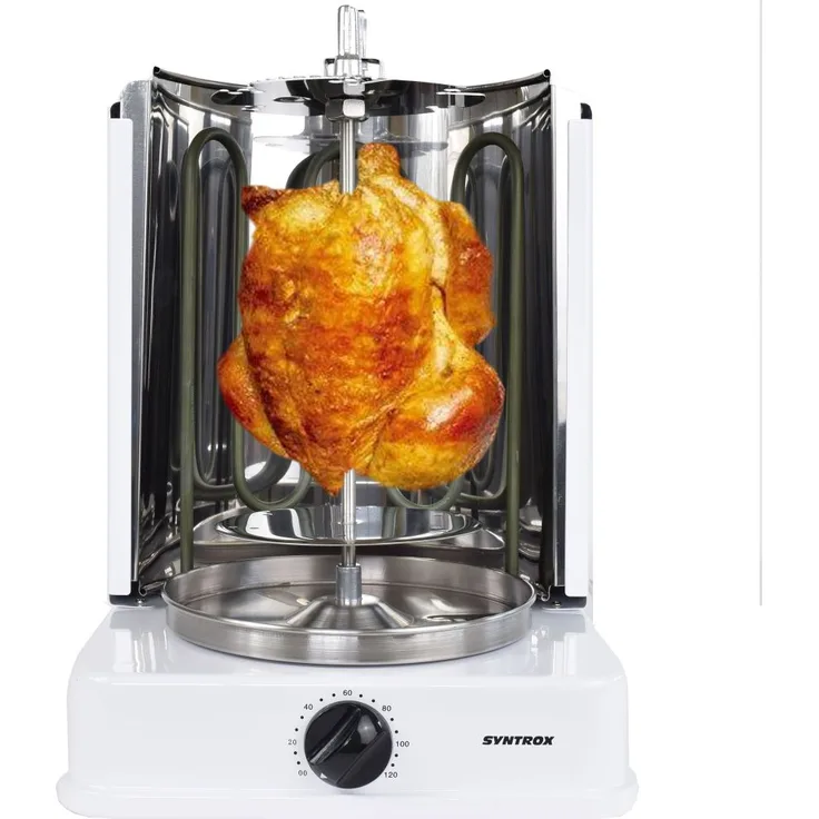 Syntrox ROQ-1400W-W Vertikalgrill, 6 automatisch drehende Spieße, 1400 Watt
