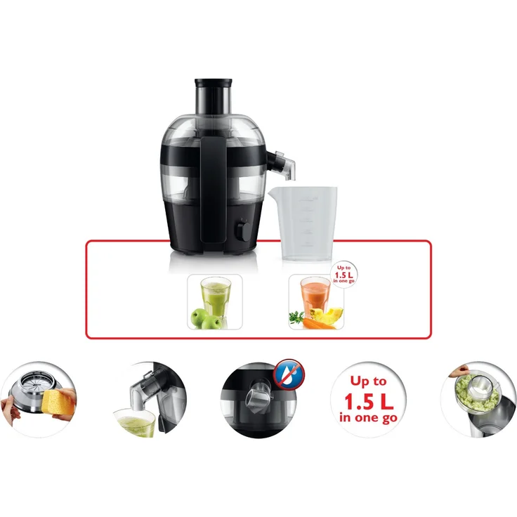Philips HR1832-00 Viva Collection Entsafter 500 W, kompaktes Design, 1,5 L in einem Durchgang, schnelle Reinigung, schwarz – Bild 6