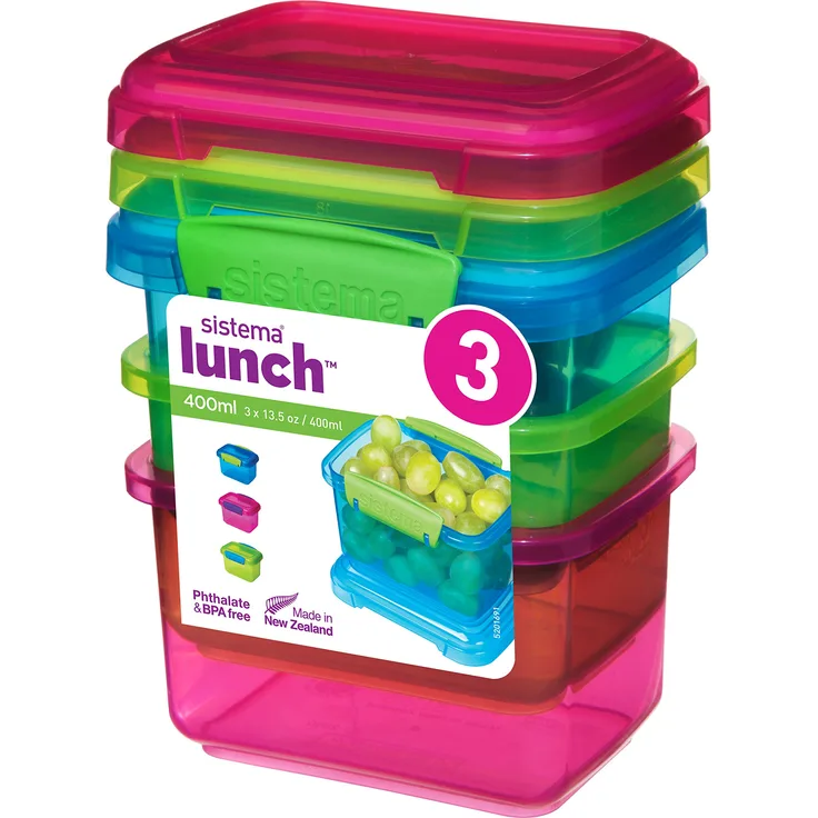 Sistema Lunch Lebensmittel Container mit kontrastierendem Clips, grün-pink-blau, 400 ml, 3 Stück