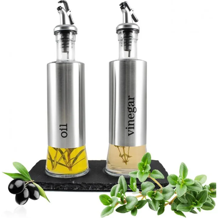 Sendez Öl- & Essigflasche auf Schieferplatte Salz & Pfefferstreuer Ölspender Essigspender Edelstahl Glas
