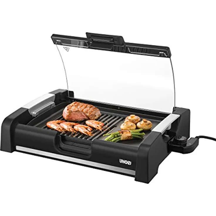 Unold Tischgrill, glatte & geriffelte Grillfläche, Antihaftbeschichtung, schwarz