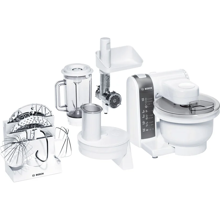 Bosch MUM4855 Küchenmaschine, 600W, 3,9 L Kunststoffschüssel, 4 Geschwindigkeiten, Grau, Weiß, Serie: MUM4  – Bild 1