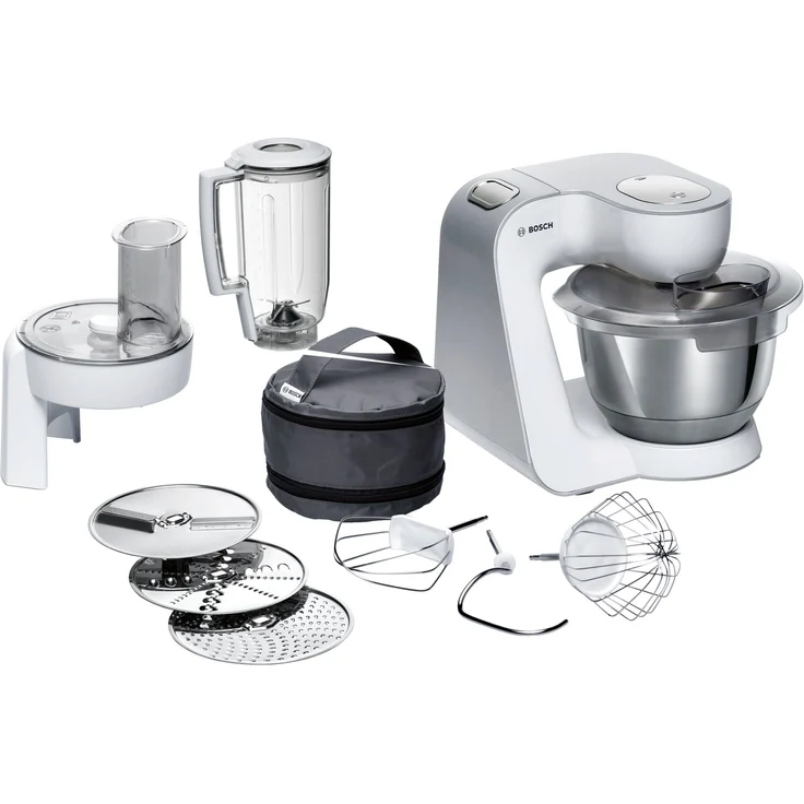Bosch MUM58W20 CreationLine Küchenmaschine mit Planetenrührwerk 1000W, 7 Geschwindigkeiten, 3,9L Schüssel, inkl. Patisserie-Set, Standmixeraufsatz, Durchlaufschnitzler, weiß-silber, Serie: MUM5 – Bild 1