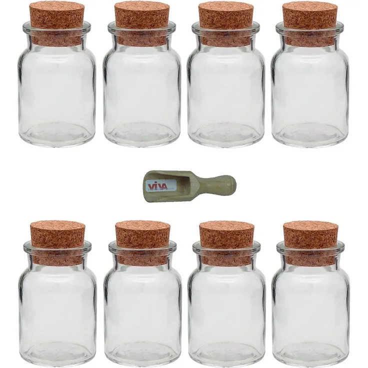 Viva Haushaltswaren 8 x Gewürzglas 150 ml, Glasdose mit Korkverschluss als Gewürzdose & Vorratsdose für Gewürze, Salz etc. verwendbar inkl. kleiner Holzschaufel 7,5 cm