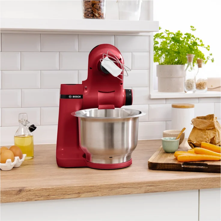 Bosch MUMS2ER01 Küchenmaschine, 700W, 3,8L Schüssel, 4 Geschwindigkeiten, inkl. Patisserie-Set, Durchlaufschnitzler, rot, Serie: MUM2 – Bild 3