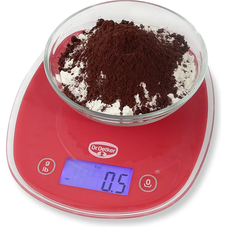 Dr. Oetker Digitale Backwaage 22cm, Küchenwaage mit großem und gut lesbarem Display, präzise Einteilung in 1g-Schritten, hoher Bedienkomfort durch Sensortasten, (Farbe: rot)