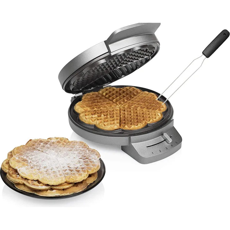 Princess Waffeleisen für 5 dünne herzförmige Herzchen Waffeln Ø20cm 1200Watt, Waffelgabel