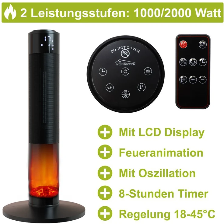 Tronitechnik Turm-Keramikheizer mit 2000 Watt, PTC Keramikheizelement TT-KH-073, Heizlüfter