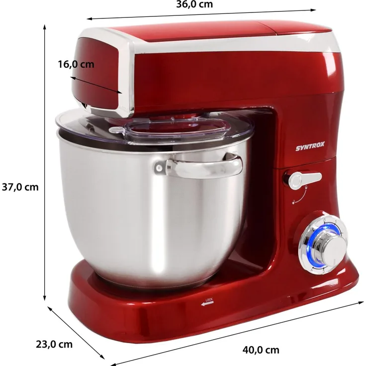 Syntrox Küchenmaschine Knetmaschine mit Fleischwolf und Mixer 7,5 L - rot 1500W