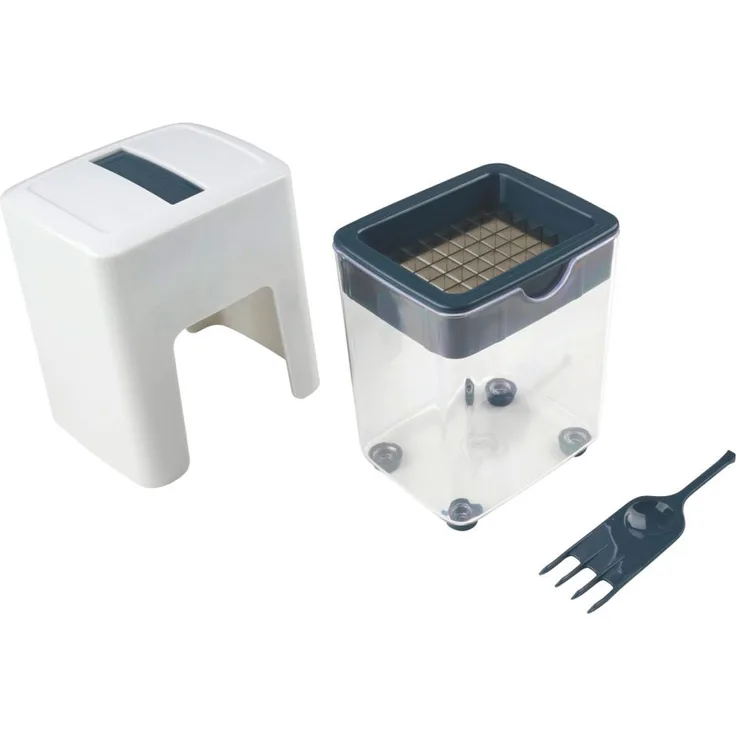 FACKELMANN Stifte-Schneider #easyprepare, hochwetiger Pommes-Schneider mit großem Auffangbehälter, Stifteinsatz und Reinigungsgabel sicherer Halt durch Anti-Rutsch-Füße (Farbe: Weiß-Blau-Grau)