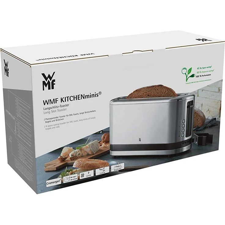 WMF Küchenminis Langschlitz-Toaster (900 W, integrierter Brötchenwärmer, 2 XXL Brotscheiben, Auftau-Funktion) cromargan matt-silber – Bild 9