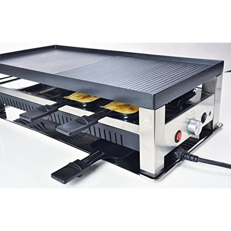 Solis Table Grill 5in1 - Raclette, Grill, Wok, Pizza-Grill, Crêpes, für 8 Personen (Raclettepfännchen, Mini-Wok, Spachtel), 1400W, Grillfläche Antihaftbeschichtet, edelstahl, schwarz – Bild 4