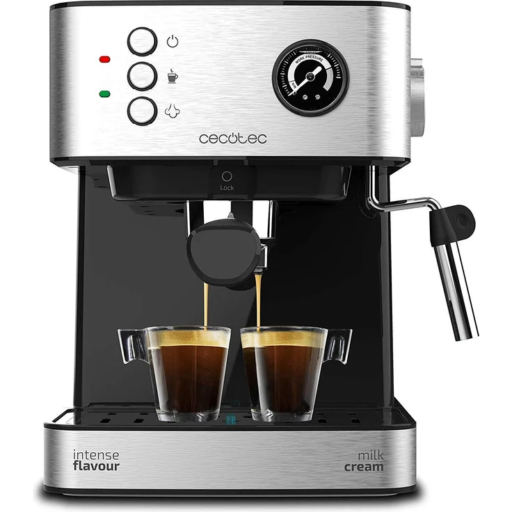 Cecotec Kaffeemaschine Power Espresso 20 Professionale.für 1-2 Tassen,20 bar, 1'5 L,Siebträger mit Doppelauslauf, Milchaufschäumdüse, Manometer,Tassenabstellfläche, 850 W, edelstahl – Bild 1