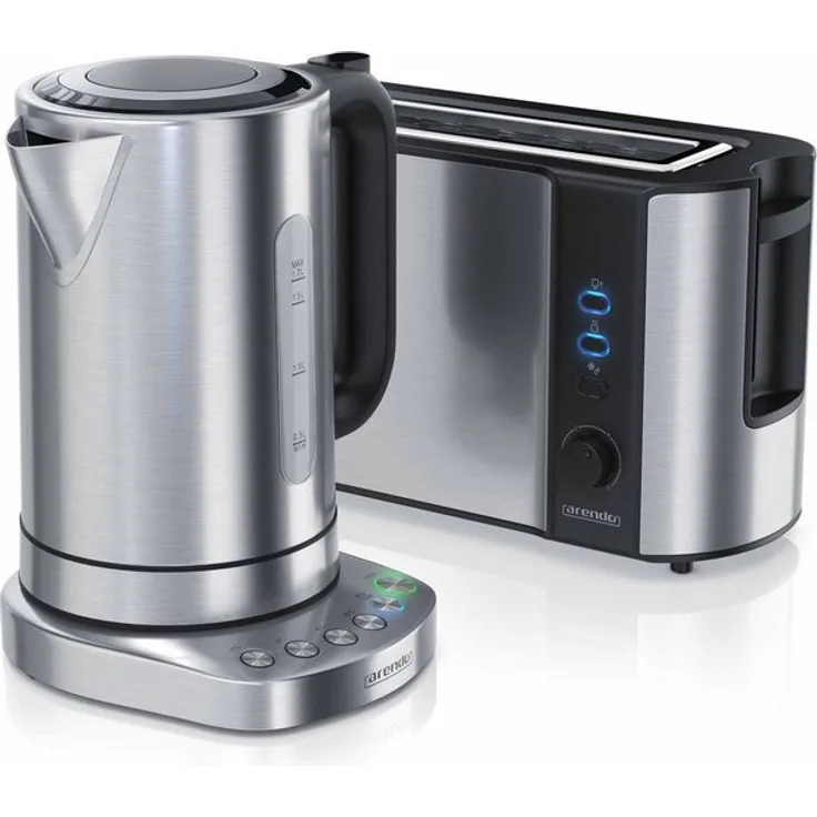 Arendo Frühstücks-Set 2-teilig in Edelstahl Design Wasserkocher (Temperaturauswahl) & Toaster, 1000W