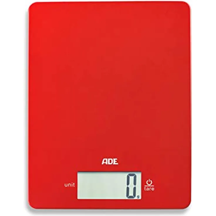 ADE Digitale Küchenwaage KE 1800-1 Leonie (Elektronische Waage für Küche und Haushalt, extrem flach, präzises Wiegen bis 5 kg, Zuwiegefunktion) rot