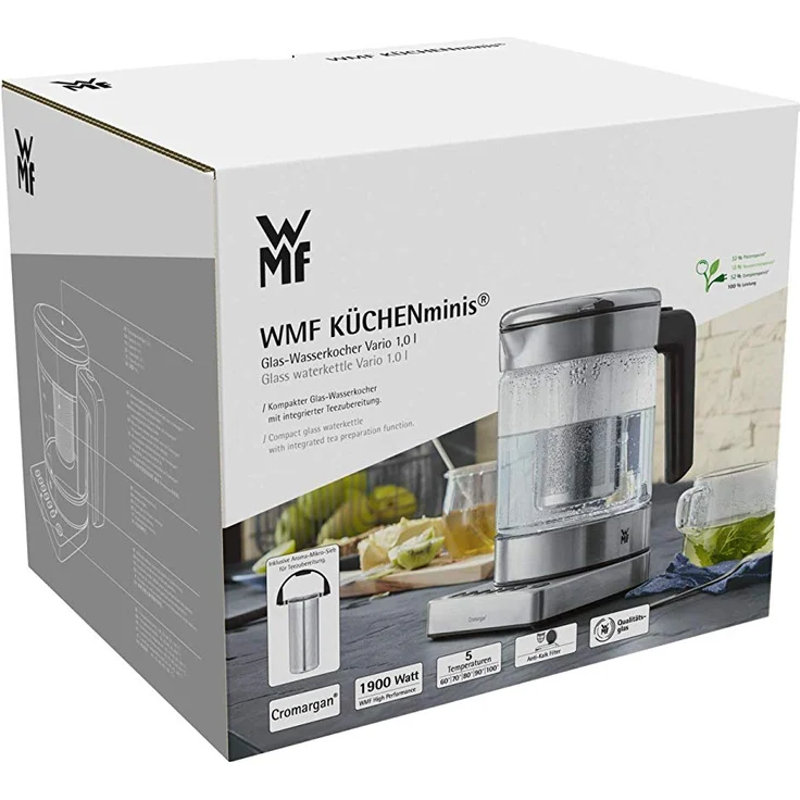 WMF Küchenminis 2 in 1 Vario Wasserkocher, mit Temperatureinstellung, 1,0l, 1900 W, Teekocher Glas mit Teebeutelhalter und Sieb – Bild 9