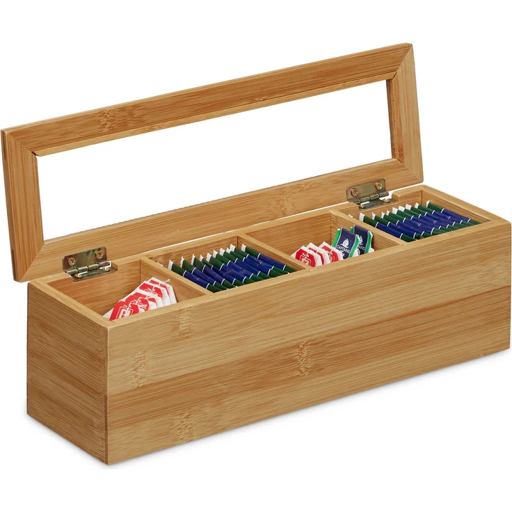 Relaxdays Tee-Box Bambus, 4 Fächer, schmal, Sichtfenster aus Kunststoff, HxBxT: 9 x 30 x 9 cm, klein, länglich, natur