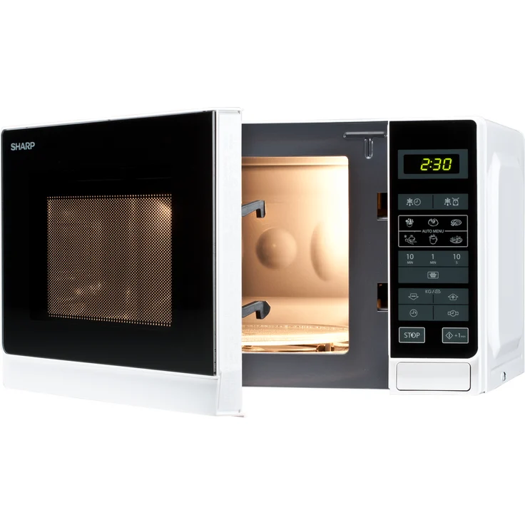 Sharp R242WW Mikrowelle, Standgerät, 20 Liter Garraum, 800 Watt, 5 Leistungsstufen, 8 Automatikprogramme, Kindersicherung, Energiesparmodus, Glasdrehteller 25,5 cm, weiß – Bild 2