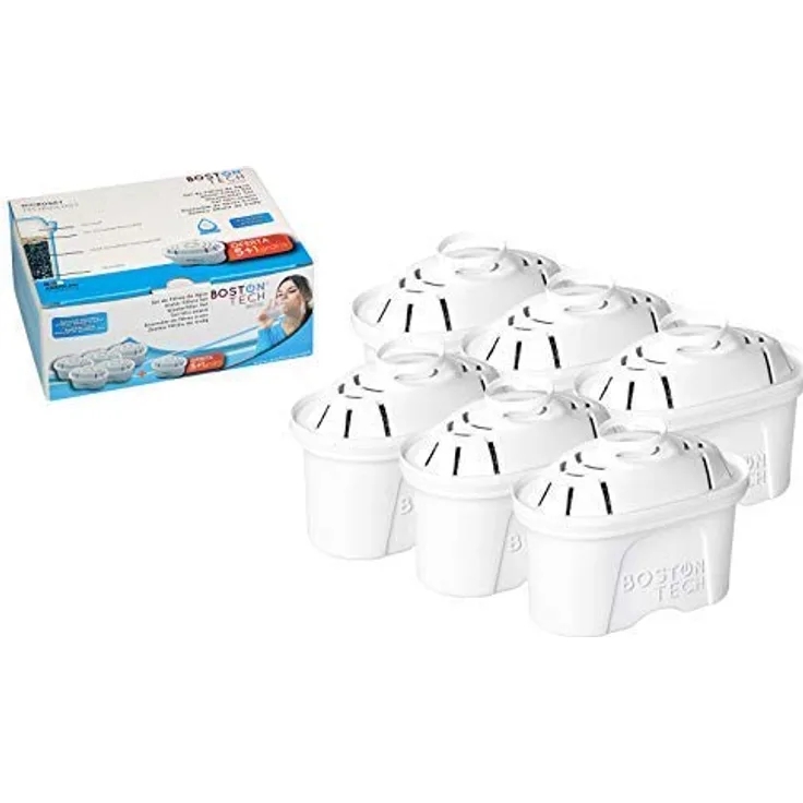 Boston Tech 6 Hydro Pure + Kartuschen, Wasserfilter, die mit Brita Maxtra und Maxtra + Gläsern kompatibel sind, Langzeitwirkung (12 Monate, 6 x 60 Tage pro Filter) reduzieren Kalk und Chlor.