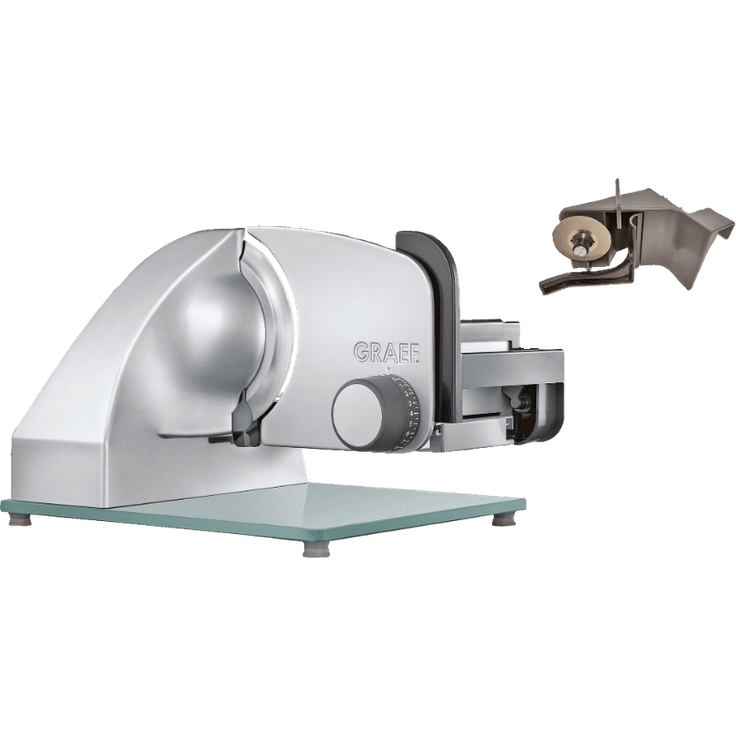 Graef Master M 23 EU Allesschneider, 170W, 20 mm Schnittstärke, inkl. Diamant-Messerschärfer D-1000, Restehalter, Kunststofftabelett, Metall, silber