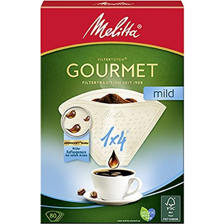 Melitta Gourmet Filtertüten 1x4, Mild, Aromasoft Struktur, Naturbraun, 80 Stück