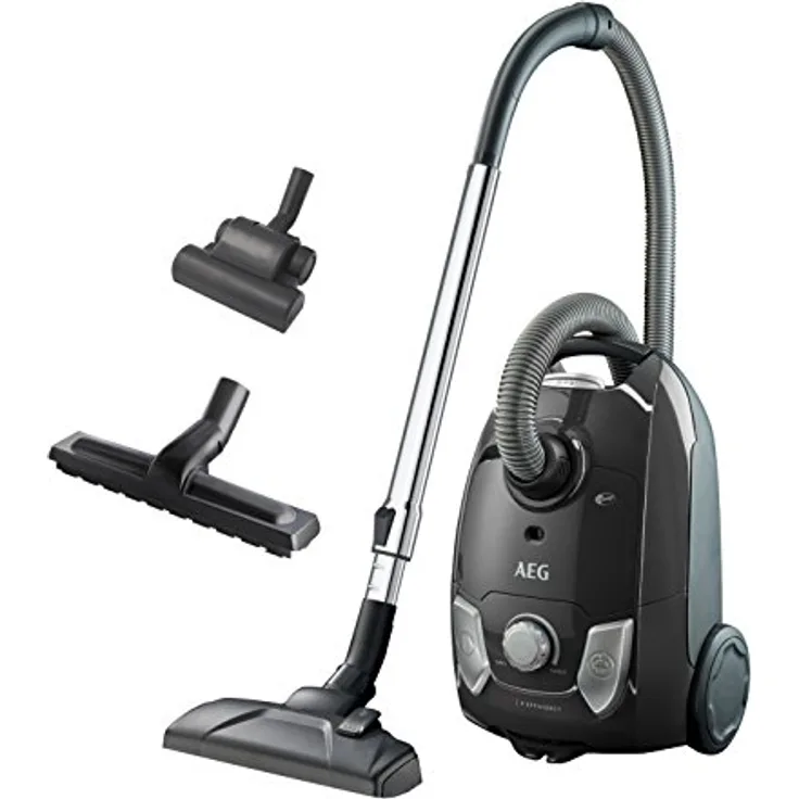 AEG VX4-1-GM-T Staubsauger mit Beutel (750 Watt, Inkl. Zusatzdüsen, Zubehör integriert im Gerät, Tragegriff, leicht, 7,5 m Aktionsradius, waschbarer Hygiene Filter, ergonomischer Handgriff) grau