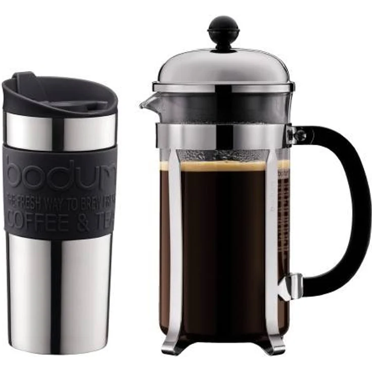Bodum K11068-01 Set aus Chambord Kaffeebereiter 8 Tassen und Travel Mug Becher, 0,35 l, Edelstahl mit Silikonring, Schwarz – Bild 1