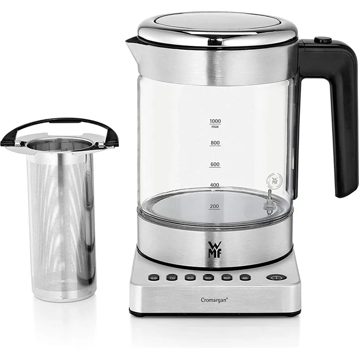 WMF Küchenminis 2 in 1 Vario Wasserkocher, mit Temperatureinstellung, 1,0l, 1900 W, Teekocher Glas mit Teebeutelhalter und Sieb