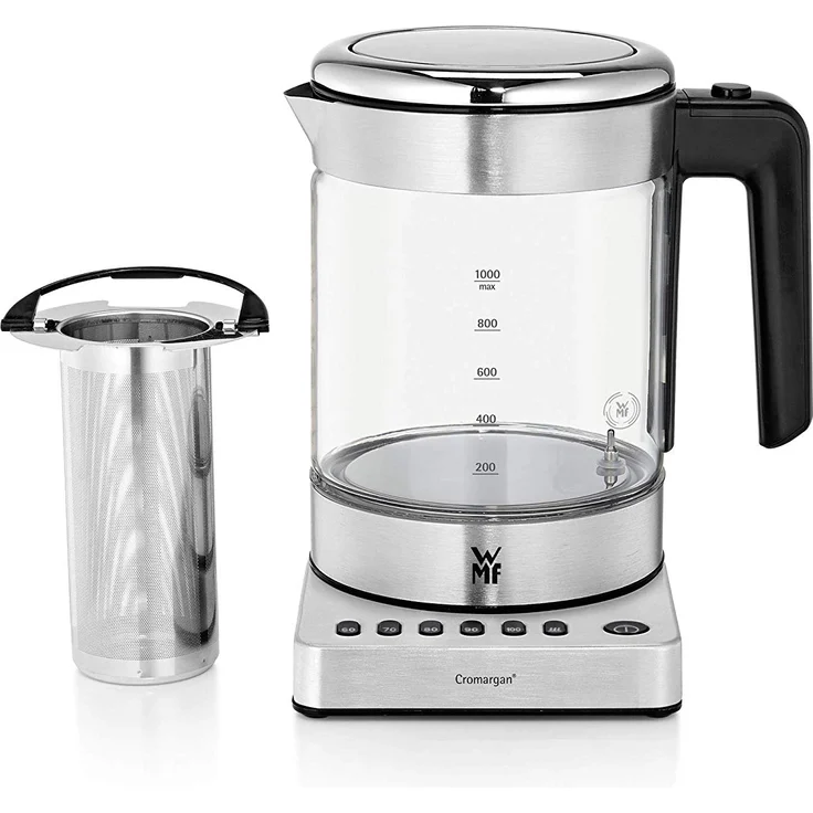 WMF Küchenminis 2 in 1 Vario Wasserkocher, mit Temperatureinstellung, 1,0l, 1900 W, Teekocher Glas mit Teebeutelhalter und Sieb – Bild 1