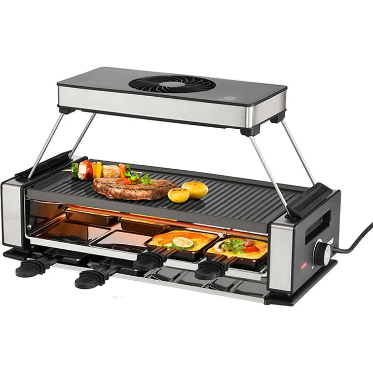 Unold 48785 Raclette Smokeless mit Dunstabzugshaube, 8 Pfännchen, 1200 Watt, antihaftbeschichtet, Grillplatte aus Druckguss-Aluminium, schwarz, edelstahl – Bild 1